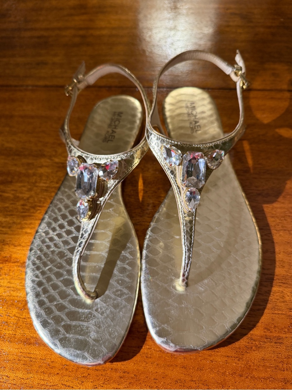 Michael Kors Metallic Gold Jeweled T-Strap Sandals